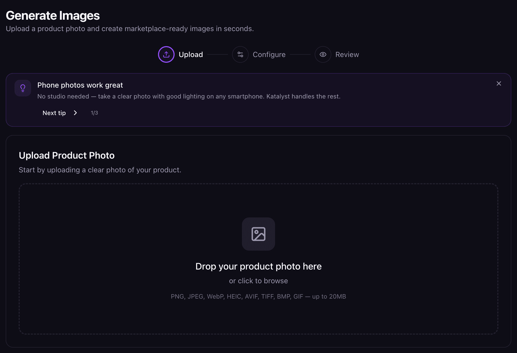 Katalyst upload screen with a product photo in the dropzone.